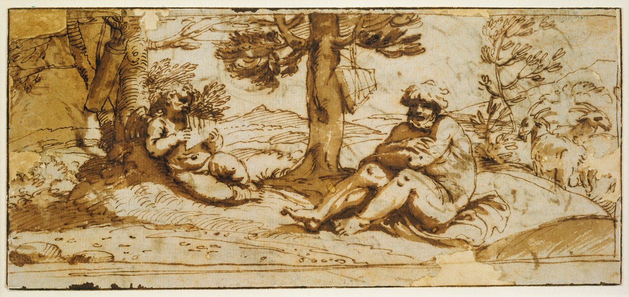Flute-playing Cupid and Silenus in an Arcadian Landscape by Annibale Carracci