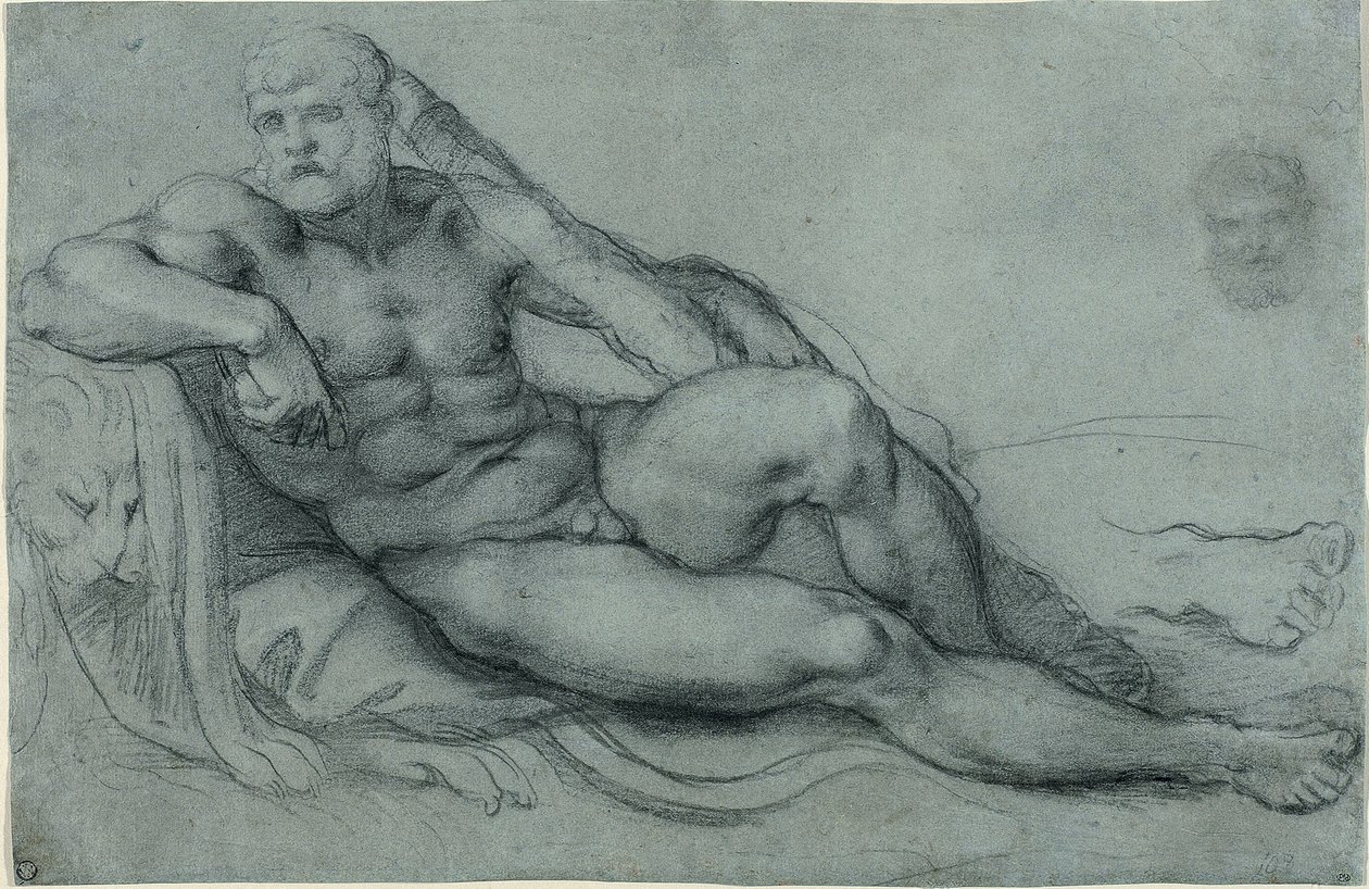 Study of Hercules Resting, with Separate Studies of His Head and Foot (recto); Rectangular grid design (verso) by Annibale Carracci