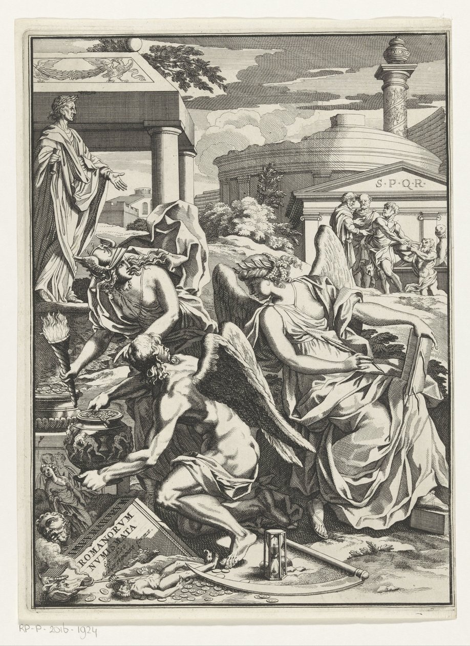 Allegorical Representation with History, Father Time with a Pot of Coins (Title Page for: Carl Patin, Imperatorum Romanorum Numismata) by Anonymous