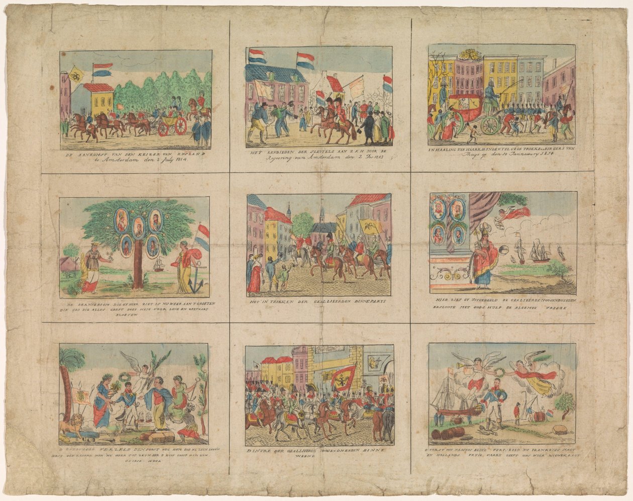 Sheet with 9 Depictions of Historical Events in the Years 1813-1814 by Anonymous