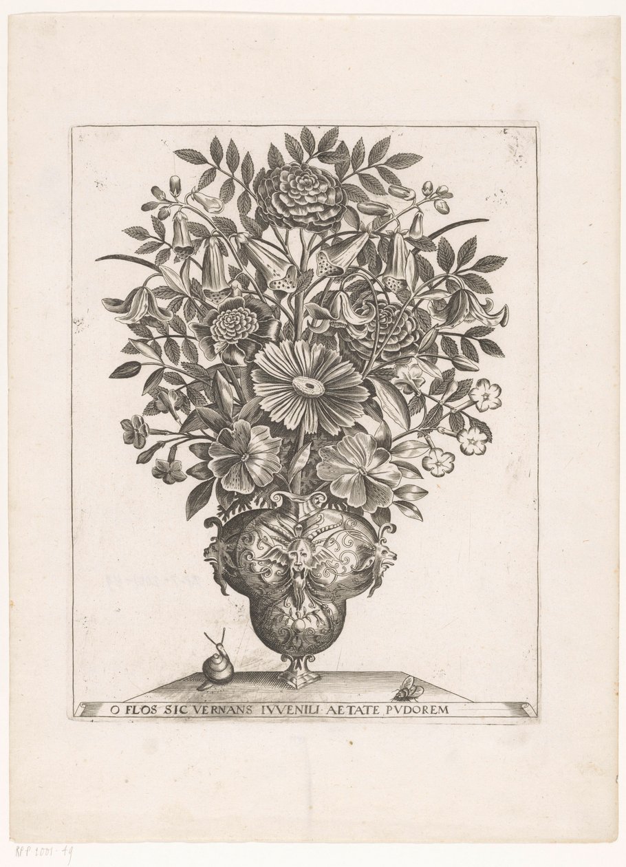 Flowers in Vase with Masks by Anonymous
