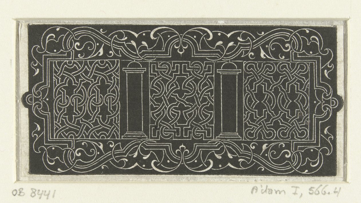 Three Blocks with Moresques, Surrounded by a Border of Moresques and Arabesques (White Moresques on a Black Background series) by Anonymous