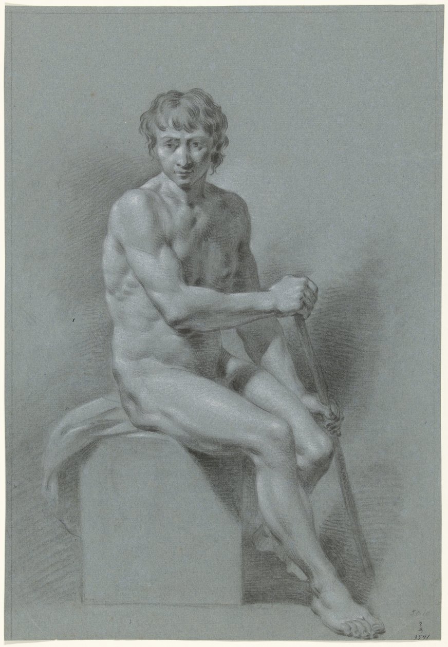 Male nude sitting on a block, a stick in both hands (rowing?) by Anonymous