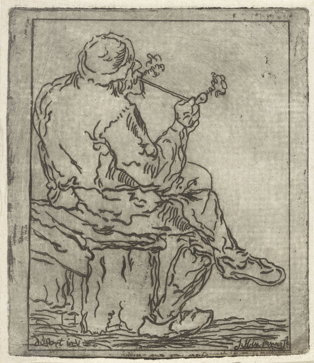 Pipe-Smoking Farmer on a Wooden Bench by Anonymous