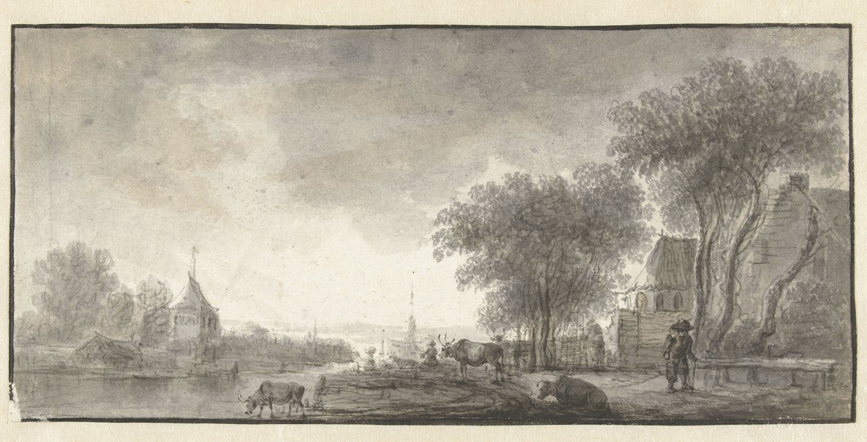 River Landscape with Cattle and a Few Houses by Anonymous
