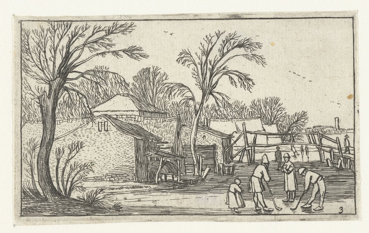 Skaters and Colf Players on the Ice in Front of Farms by Anonymous