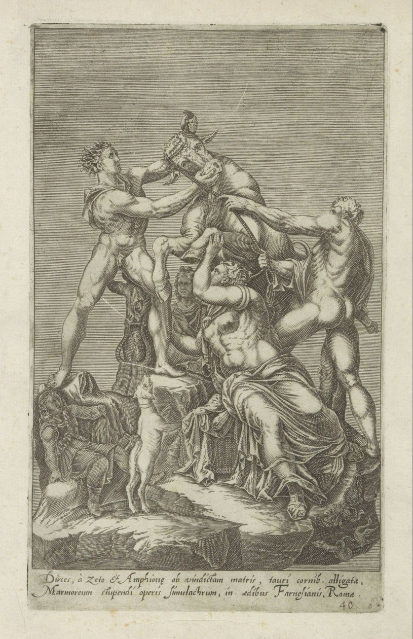 Sculpture of Dirce Being Tied to a Bull (Farnese Bull) (title on object: Dirces, à zeto et Amphione ob vindictam matris) (series title: Antique Sculptures in Rome) by Anonymous