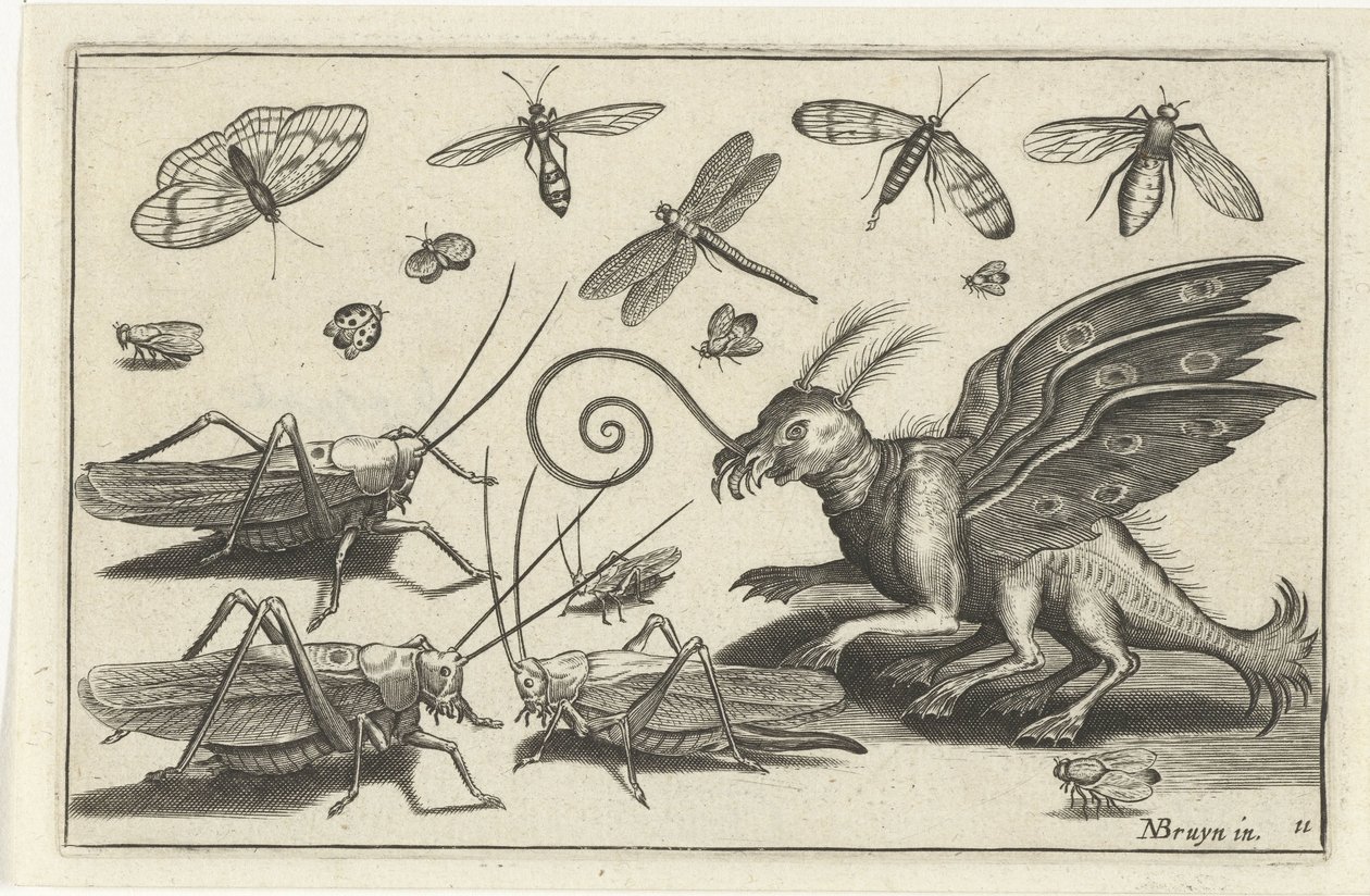 Grasshoppers and Fantasy Creature with Wings and Webbed Feet (Birds and Insects) by Anonymous