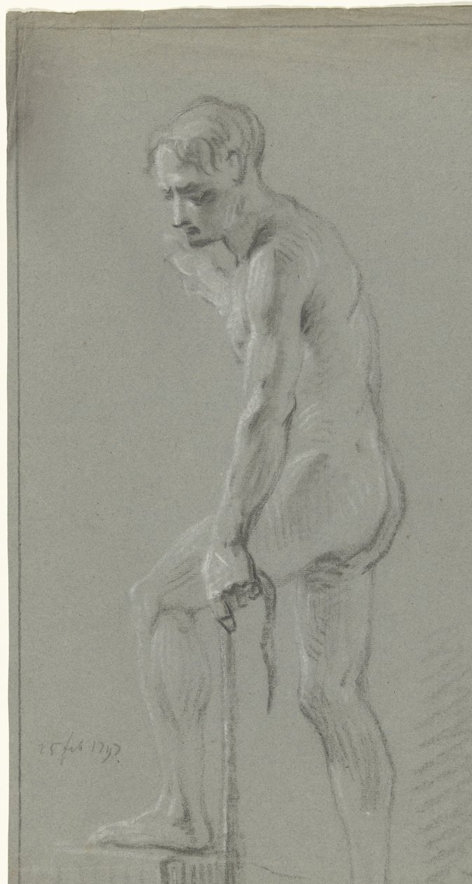 Standing Male Nude, Left Foot on a Block, Pulling with Left Arm by Anonymous