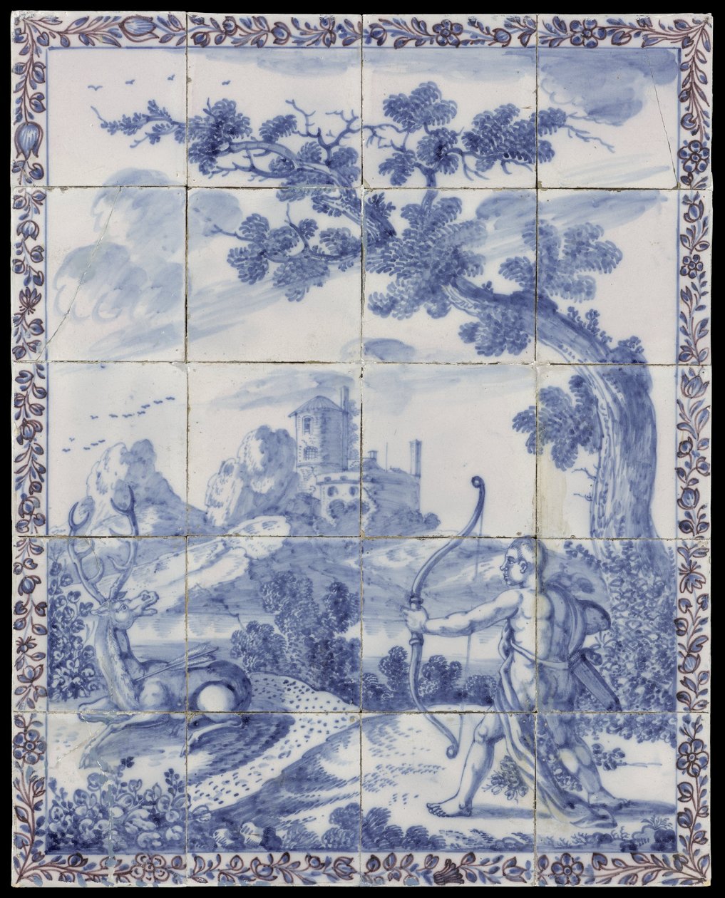 Tile Panel with a Landscape in Blue with Mythological Scene: Cyparissus Turning into a Cypress by Anonymous