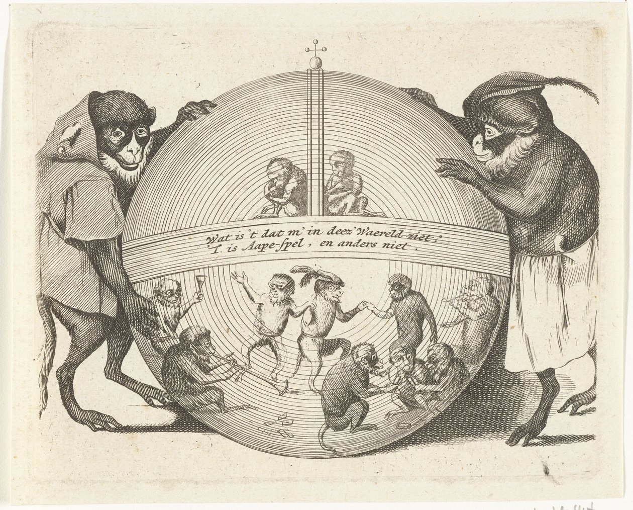 Two Monkeys Holding a Globe, Various Trades of Human Life Represented by Monkeys (series title), What is it that one sees in this World? It is Monkey Business, and nothing else (series title on object) by Anonymous