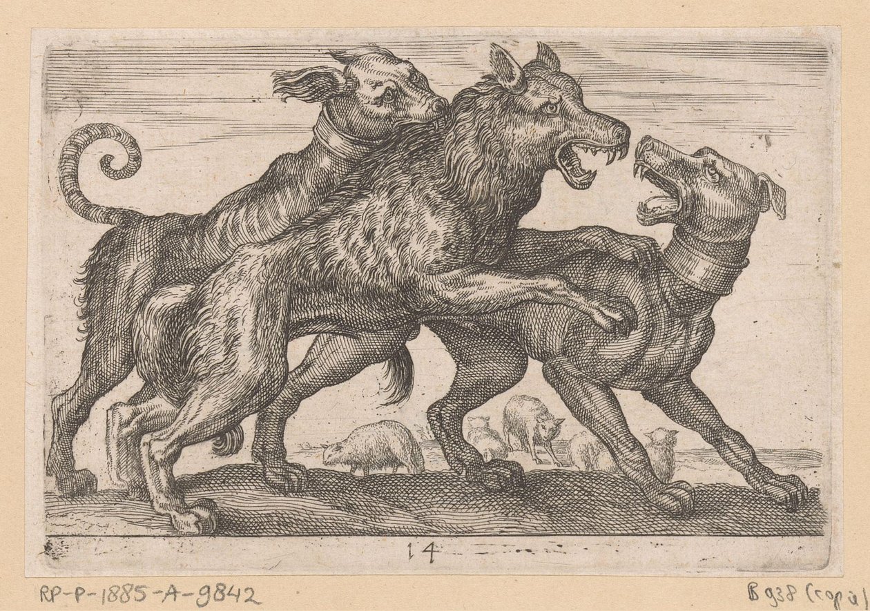Two Dogs Fighting a Wolf by Anonymous