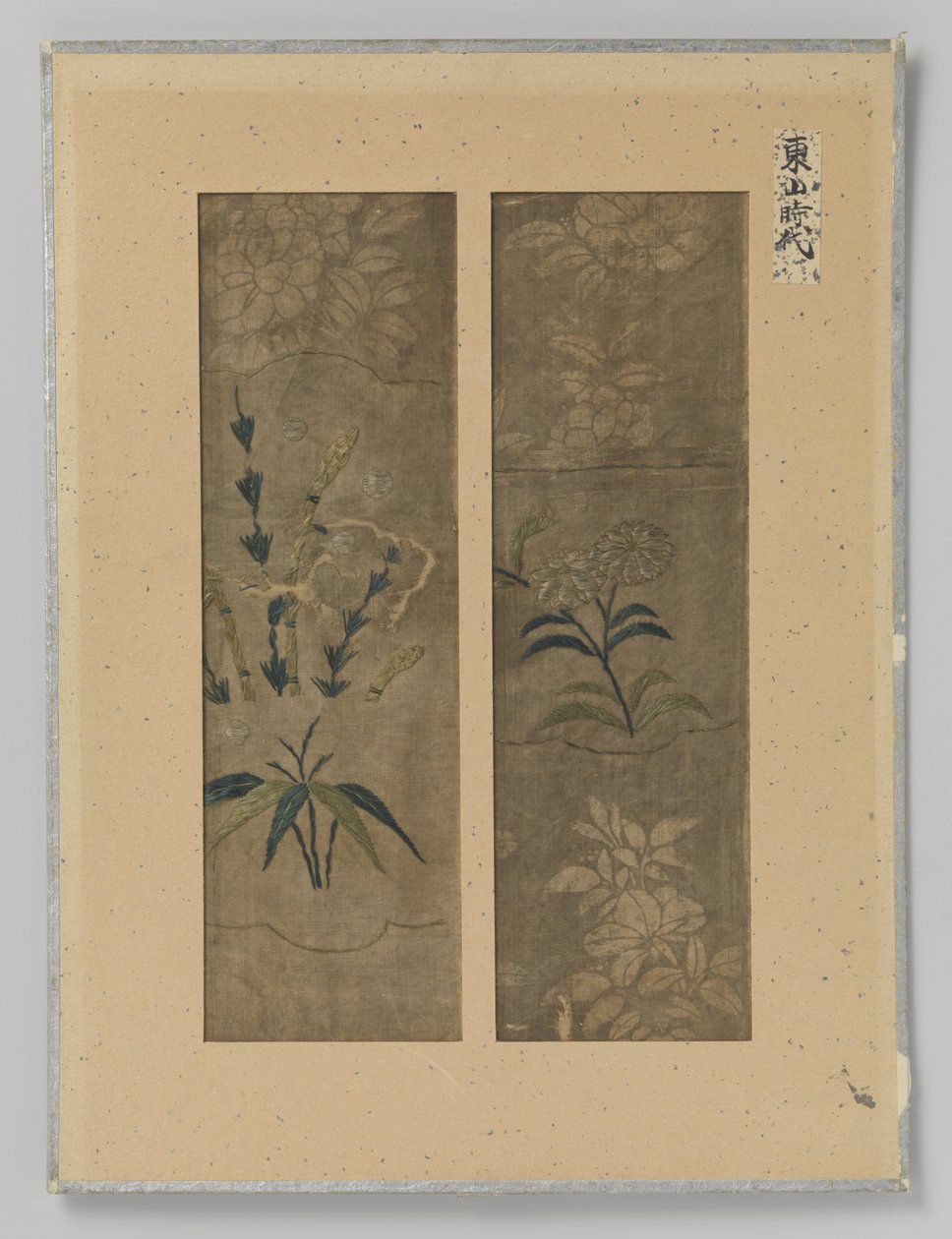 Two Textile Fragments on a Sheet, Embroidery and Print on Silk by Anonymous