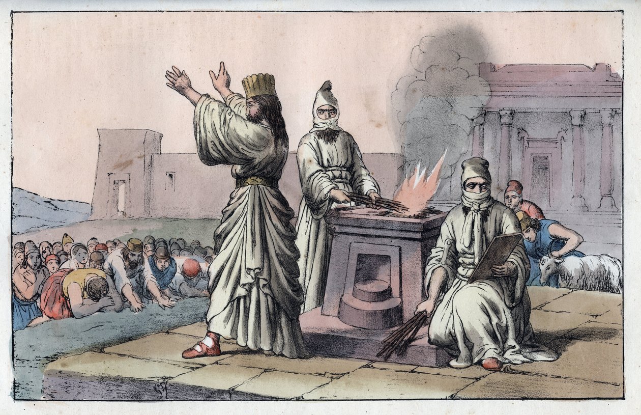 Ancient Persian civilization: mages, official priests and disciples of Zarathoustra - engraving from 