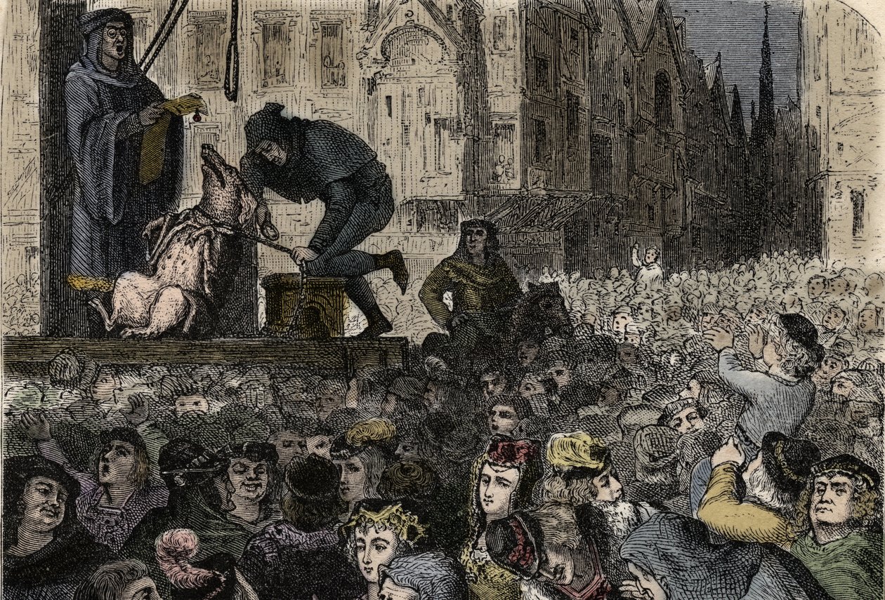 Animal trials in the Middle Ages - Execution of the infanticide sow of Falaise - engraving from 