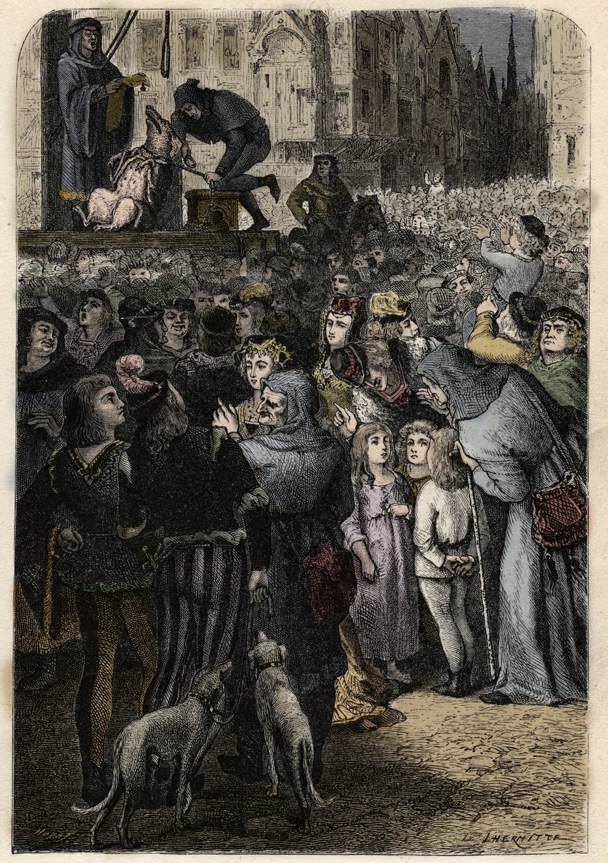 Animal trials in the Middle Ages - Execution of the infanticide sow of Falaise - engraving from 