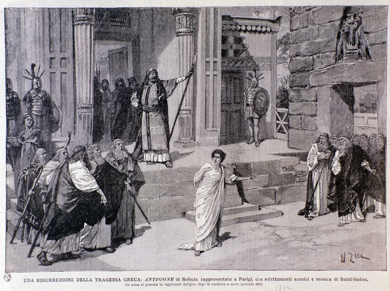 Antigone sentenced to death. Scene from the play Antigone, with music by Camille Saint-Saens, performed in Paris by Anonymous Anonymous
