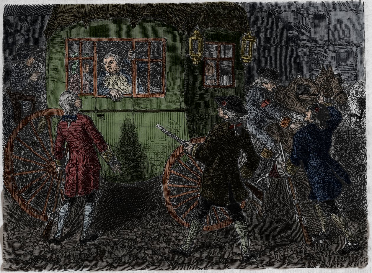 Arrest of Louis XVI (1754-1793) and his fleeing family in Varennes on 21 June 1791. Engraving from 1866 in 