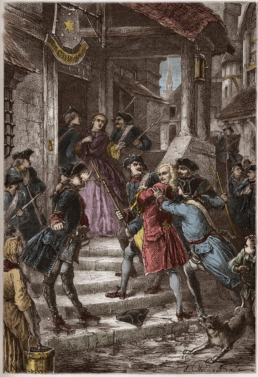 Arrest of Voltaire and his niece in Prussia, by order of Frederick the Great - Engraving from 