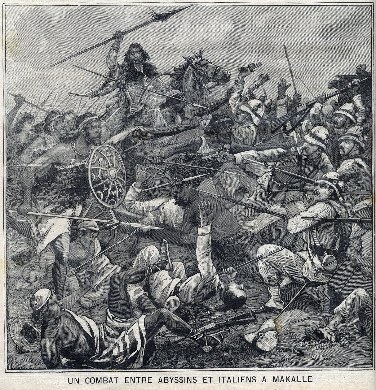 Battle between Abyssins of Menelik II and Italians in Makalle, Ethiopia. Engraving in 