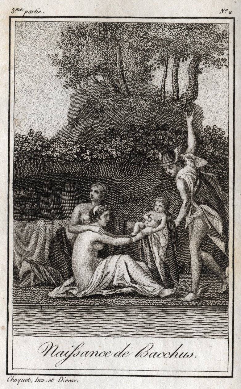Birth of Bacchus, Son of Jupiter and Semele. Engraving from 1819 in 