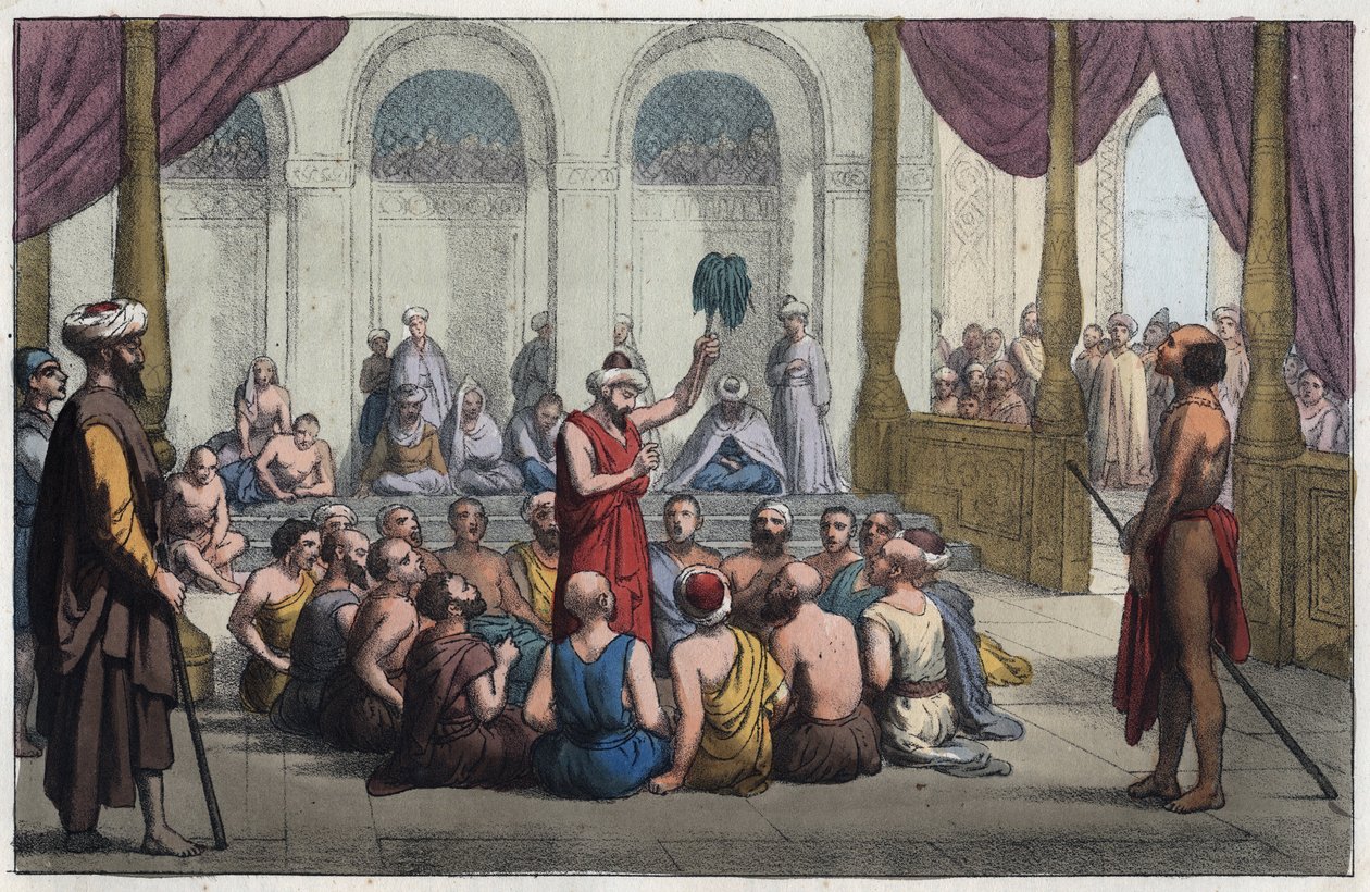 Brahmins Singing Praises to the God Rama - engraving from 