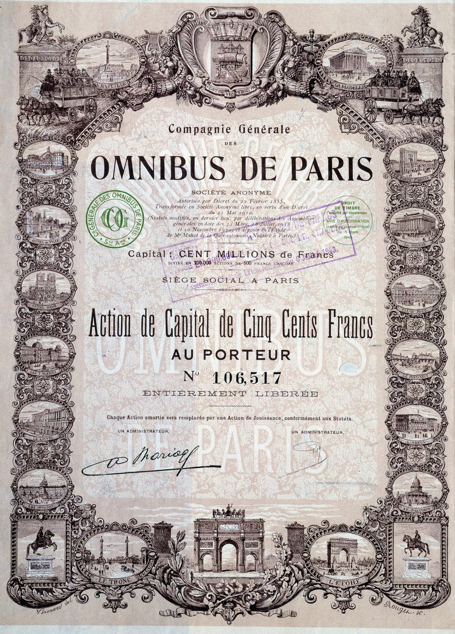 Capital share of 500 Francs in the Paris omnibus, 20th century by Anonymous Anonymous