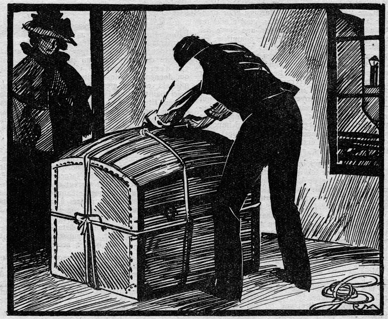 Case Eyraud-Bompard: discovery of the trunk used to hide the corpse of the bailiff Gouffe. Illustration from 