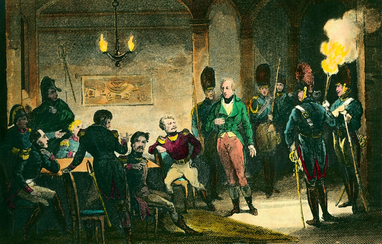 Case of Louis de Bourbon, Duke of Enghien: scene of trial of the prince suspected of having conspired against the first consul Napoleon Bonaparte, he was sentenced and executed without proof. Engraving from 1804 by Anonymous Anonymous