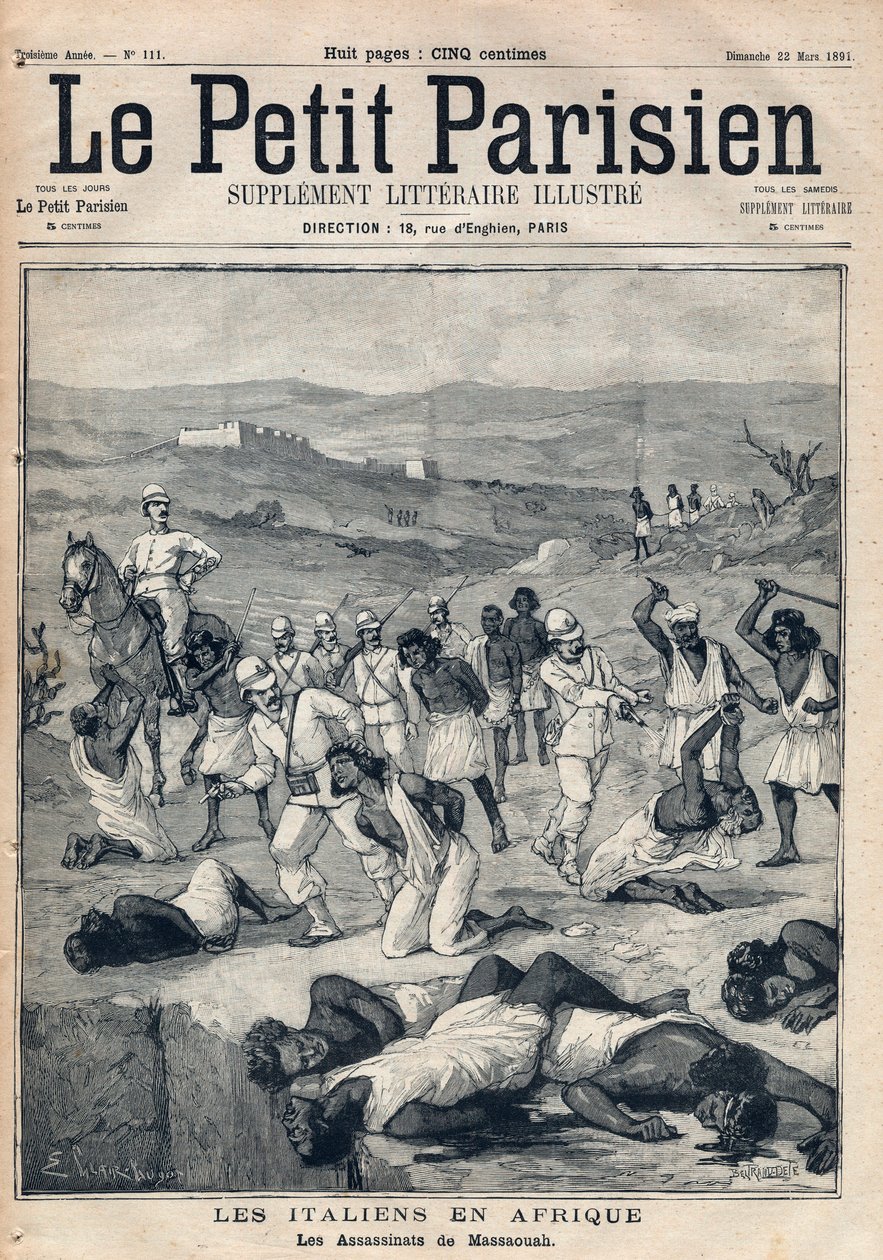 Conquest of Eritrea by Italy. The murders of Massawa. Engraving in 