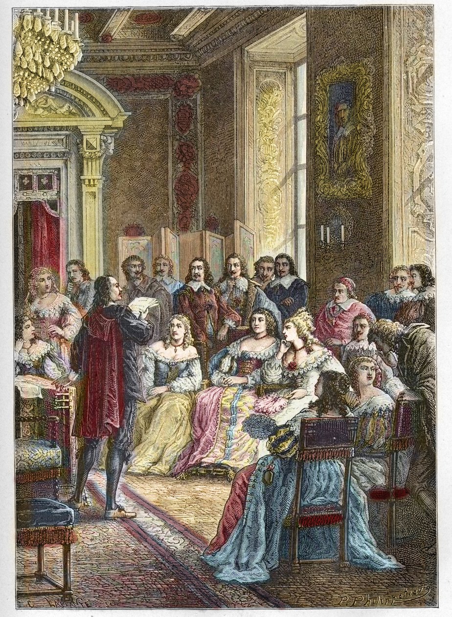 Corneille reading his tragedy of Polyeucte at the Hotel de Rambouillet in front of Catherine de Vivonne, Marquise de Rambouillet and in the presence of the horsemen and men of the Church by Anonymous Anonymous