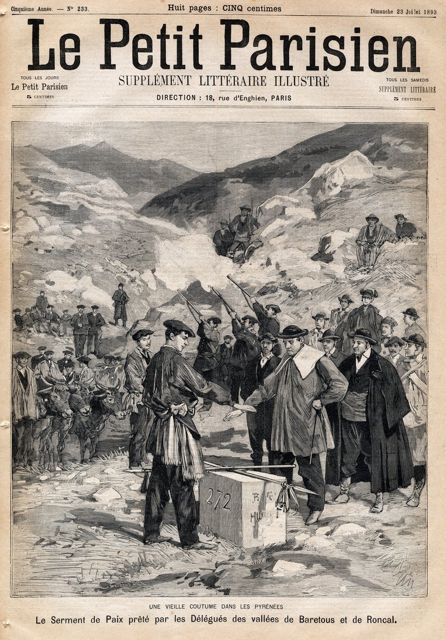 Custom of Pyrenees: the oath of peace taken by the delegates of the valleys of Baretous and Roncal. In Le Petit Parisien on 23/07/1893 by Anonymous Anonymous