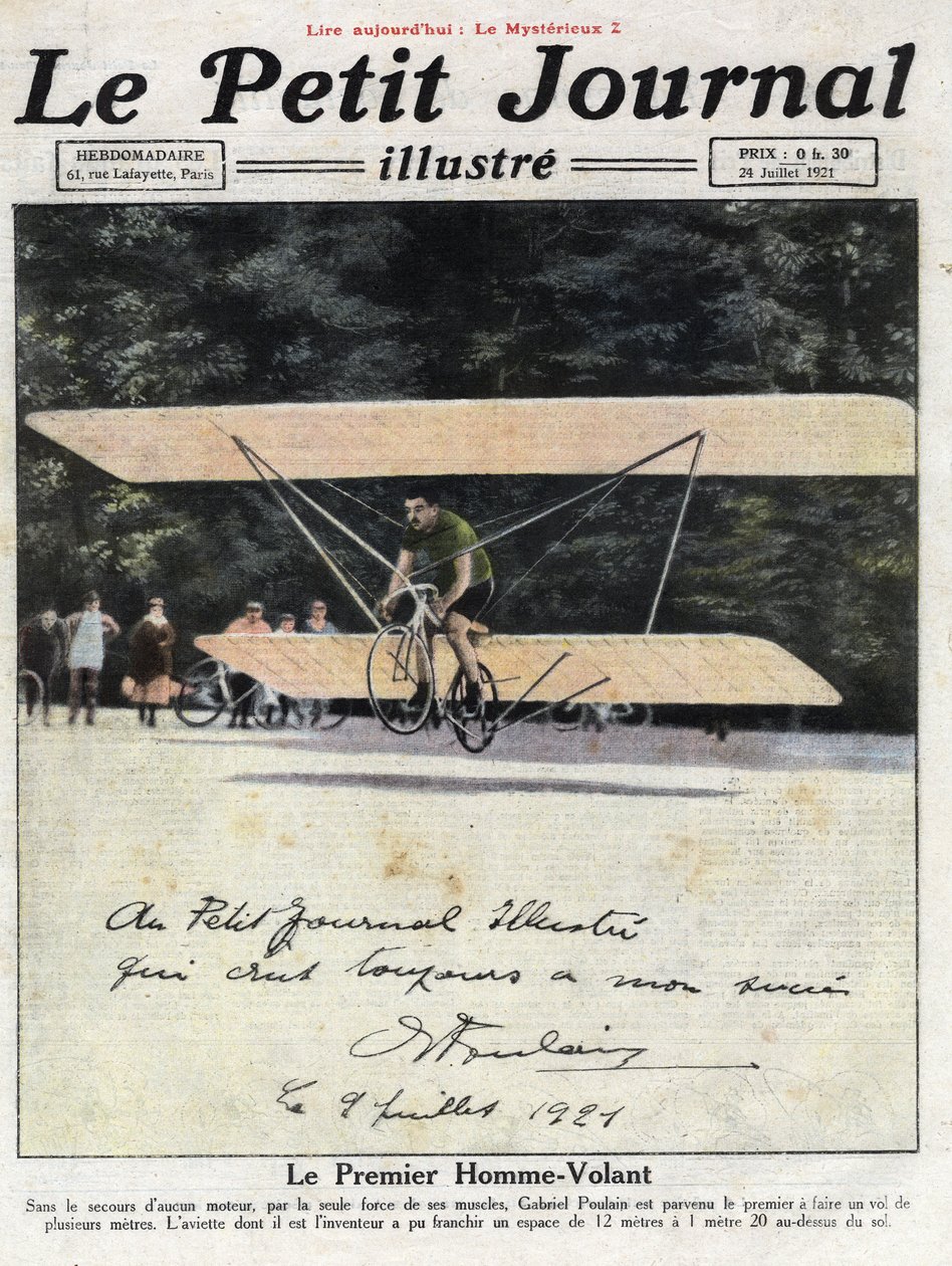 Dedicated portrait of the French inventor and cyclist Gabriel Poulain aboard his 