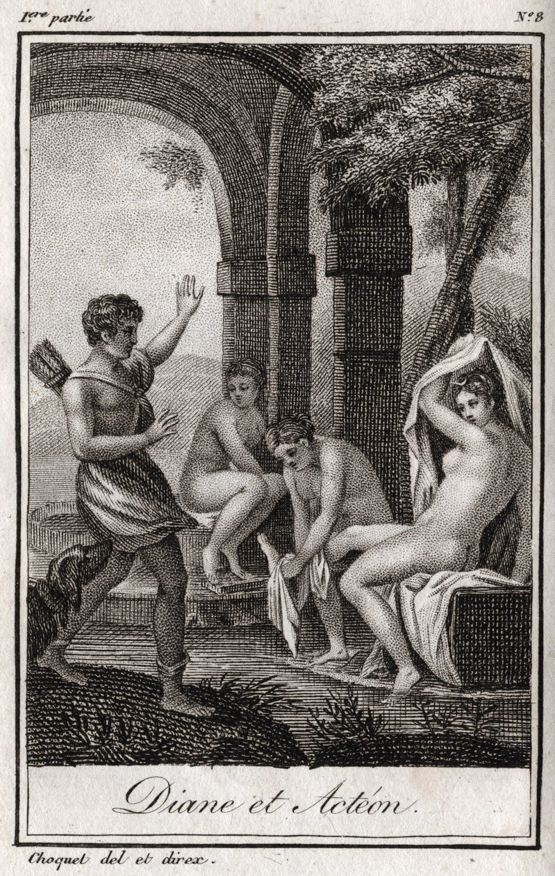Diana and Actaeon. Diana surprised in the bath by the hunter Actaeon. Engraving from 1819 in 