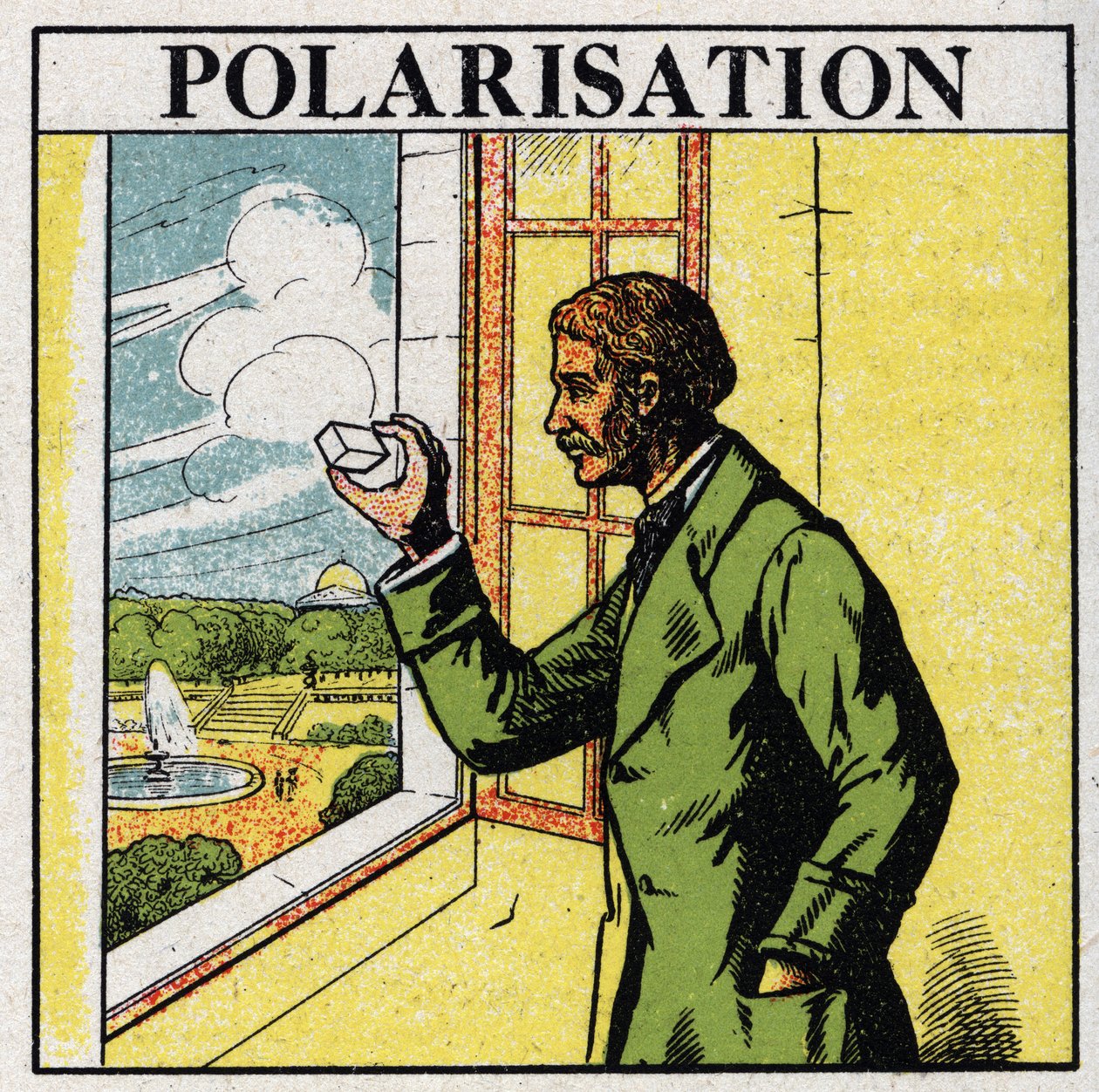 Double refraction: Etienne Louis Malus (1775-1812) observes through a spath the light of the setting sun reflected by the glass windows of Luxembourg in 1808. Anonymous illustration from 1925. Private collection. by Anonymous Anonymous