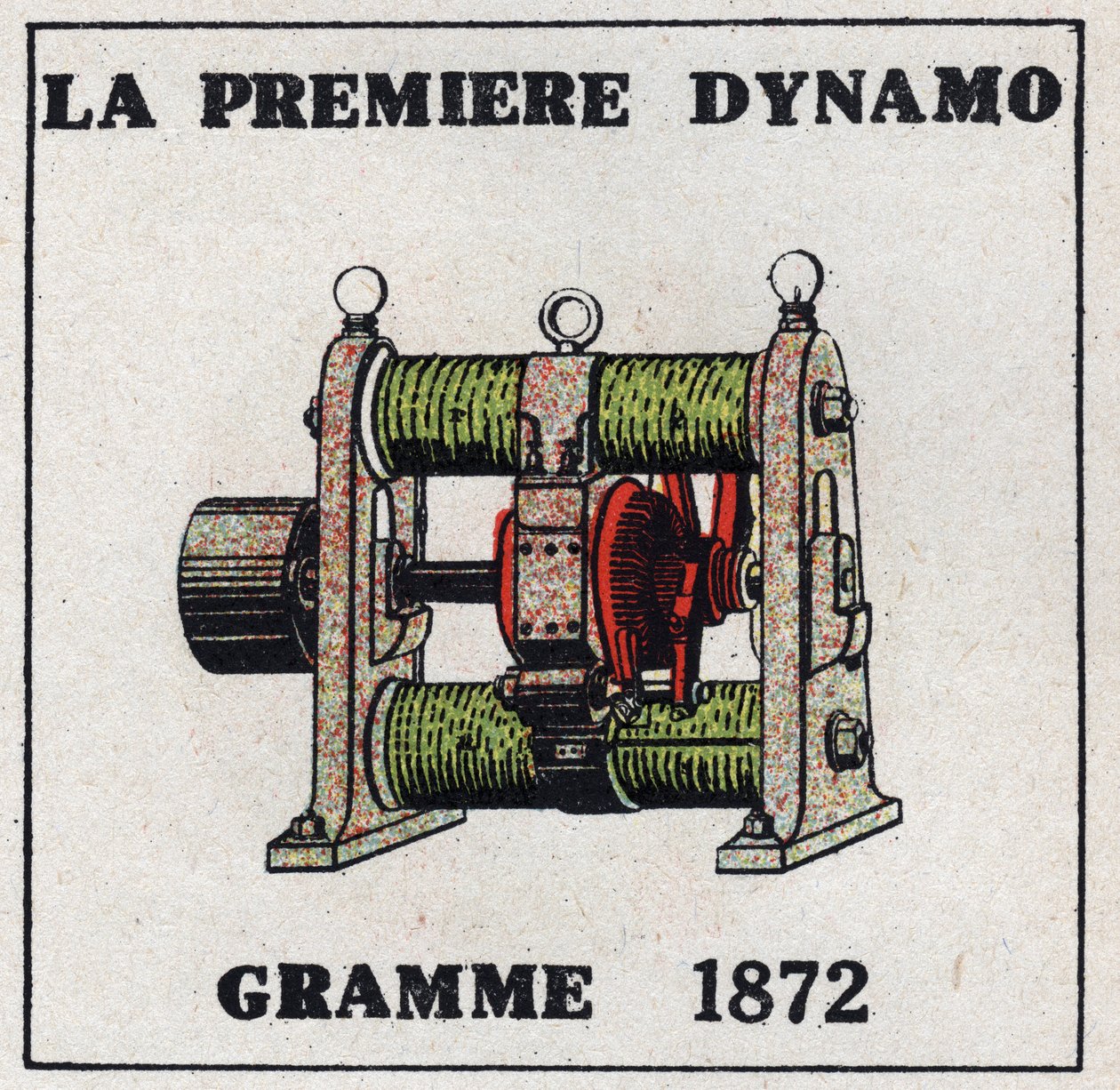 Dynamo: the first dynamo invented by Zenobe Theophile Gram in 1872. Anonymous illustration from 1925. Private collection. by Anonymous Anonymous