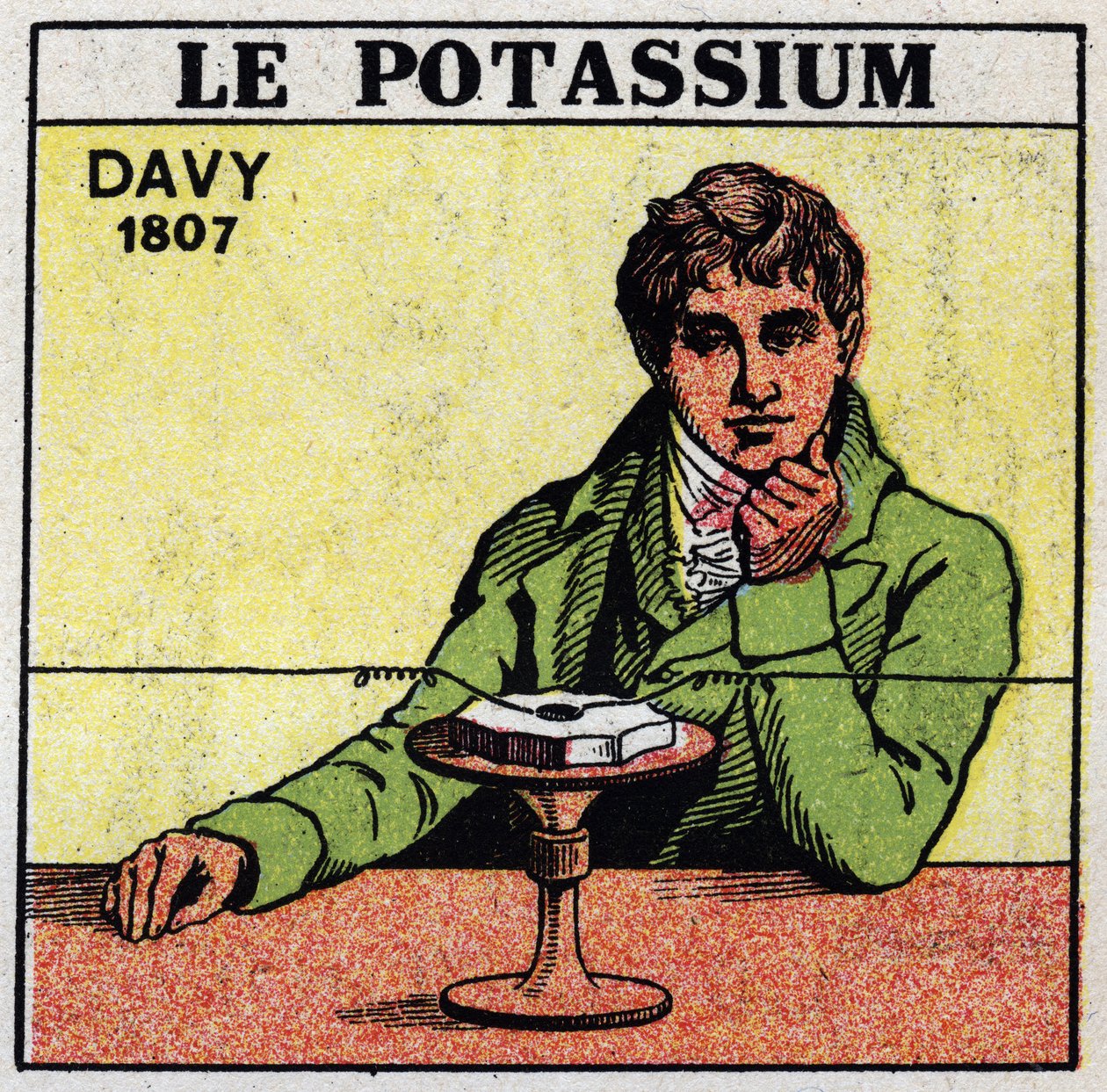 Electrochemistry: decomposition of potash and soda by Sir Humphry Davy in 1807. Anonymous illustration from 1925. Private collection. by Anonymous Anonymous