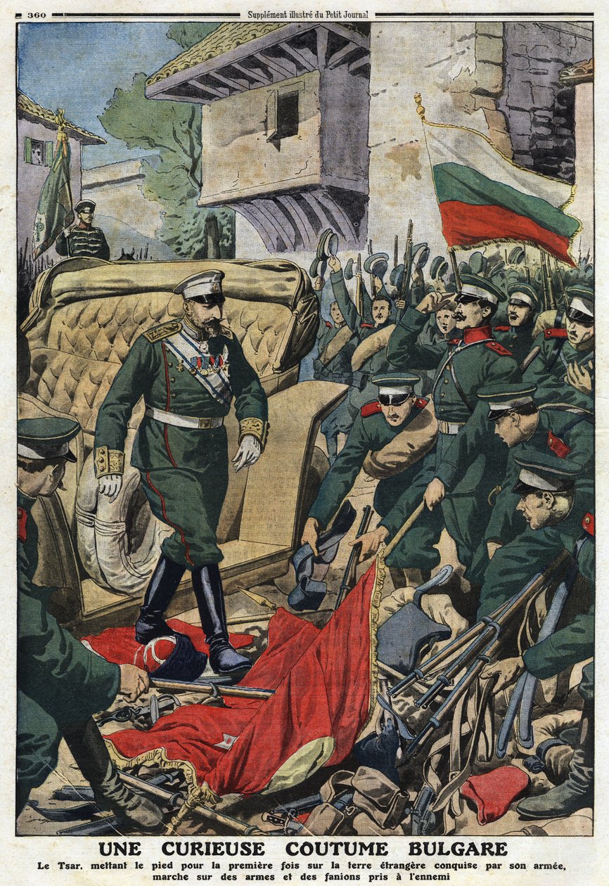 First Balkan War: Tsar Ferdinand I of Bulgaria (1861-1948) Marching on Foreign Lands Conquered by His Army in Mustapha-Pasha, Now Ferdinandovo, Trampling the Weapons and Pennants of Enemies. Illustration from 