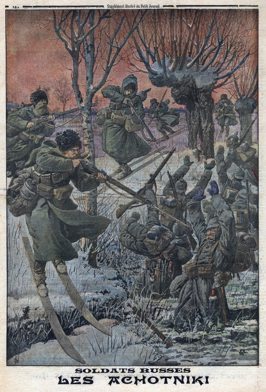 First World War 1914-1918. Russian soldiers Ahotniki on skis shoot German soldiers. In 