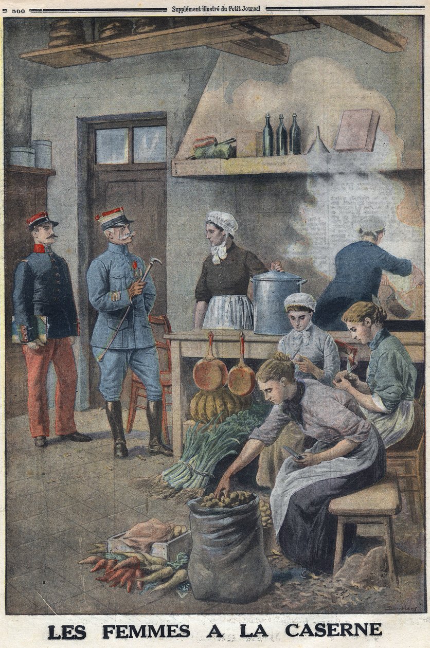 First World War 1914-1918. Women preparing food in the barracks kitchens. Three chefs in the potato corvee, peel the potatoes. In 