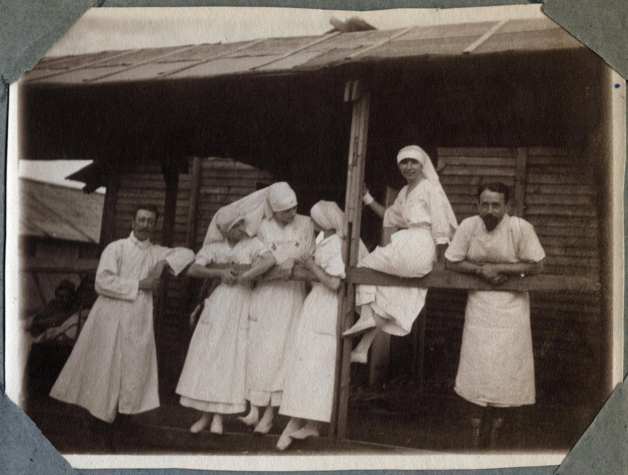 First World War 1914-1918: Nurses and Doctors in Blouse in Couville, Manche, Lower Normandy, France. Anonymous Photograph July 1917. Private Collection, Stella. by Anonymous Anonymous