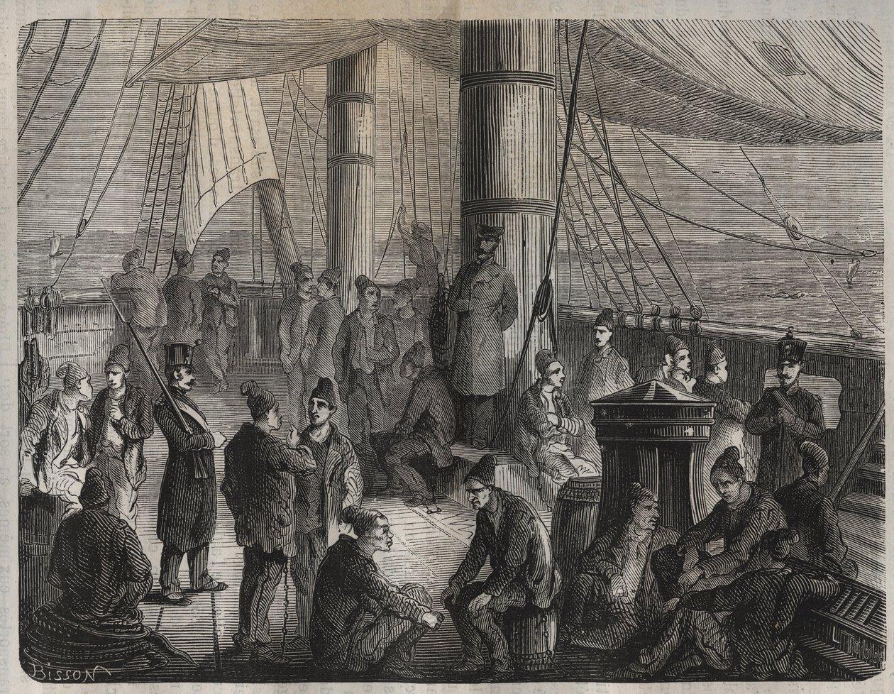 First convoy of forces from Toulon to Cayenne (Guyana) under the Decret of 8 December 1851. Engraving in Histoire des bagnes depuis leur création à nos jours (1877) by Pierre Zaccone. Private collection. by Anonymous Anonymous