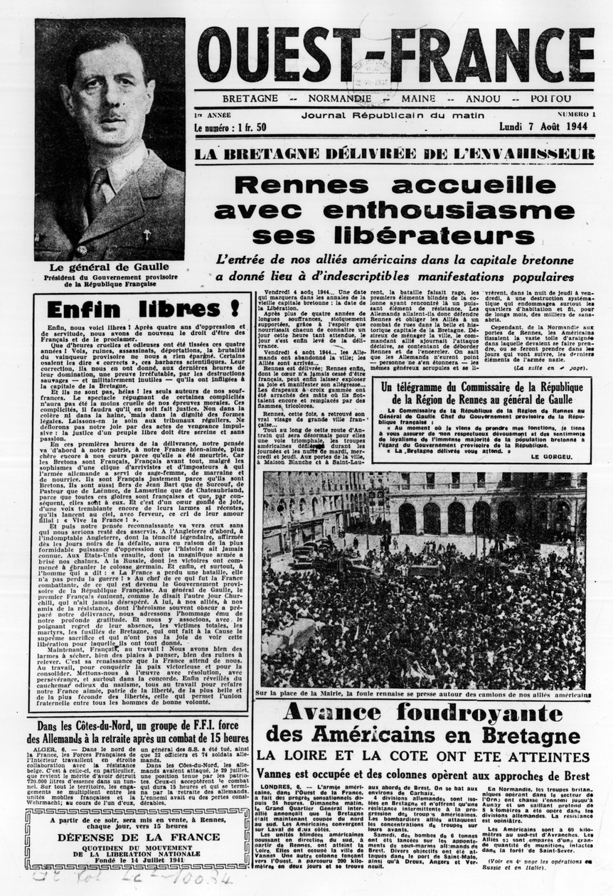 First issue of West France from 7 August 1944: The Liberation in the west of France and General de Gaulle - photograph, B.N. by Anonymous Anonymous