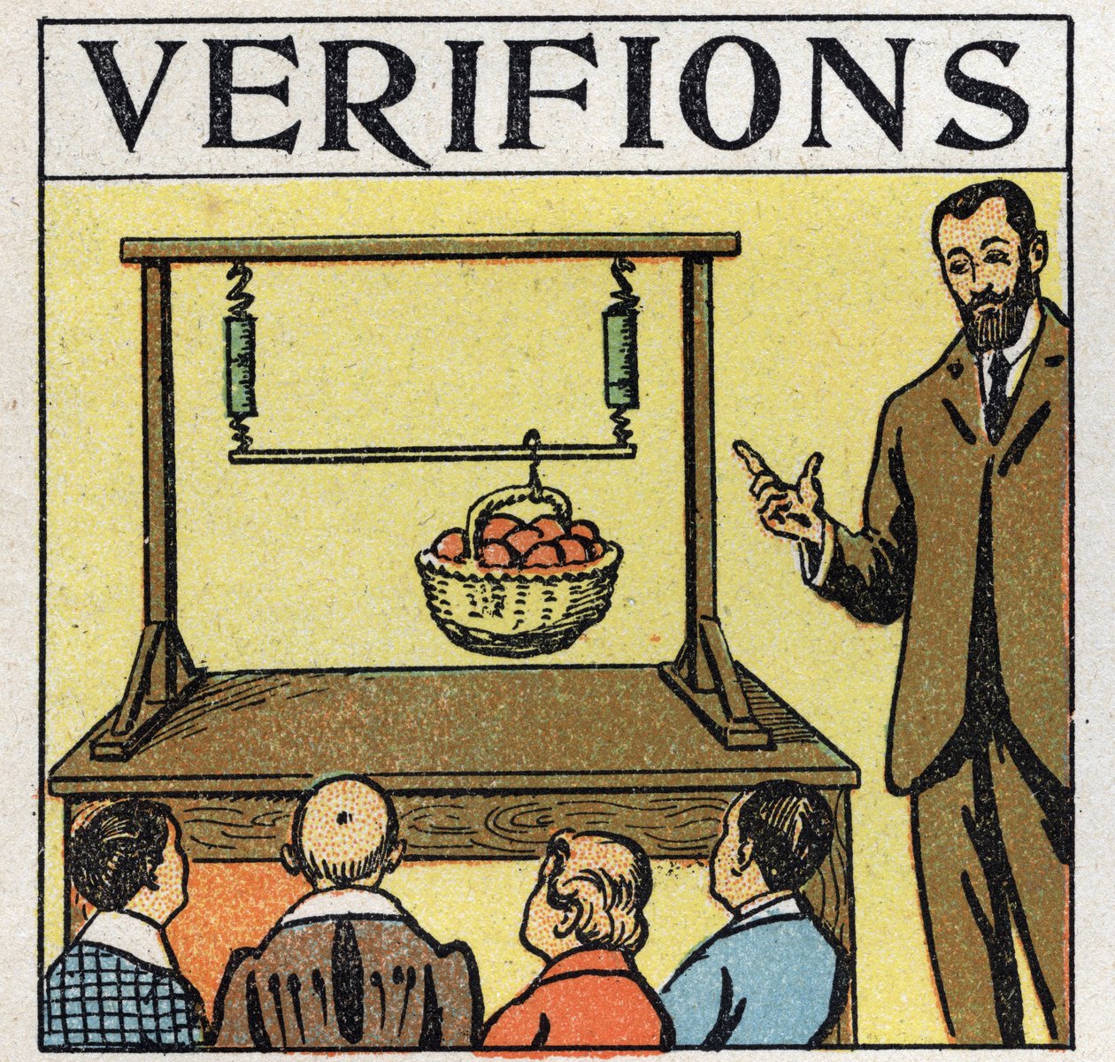 Forces: parallel forces. Basket of apples lift with a pole held by two springs by Anonymous Anonymous