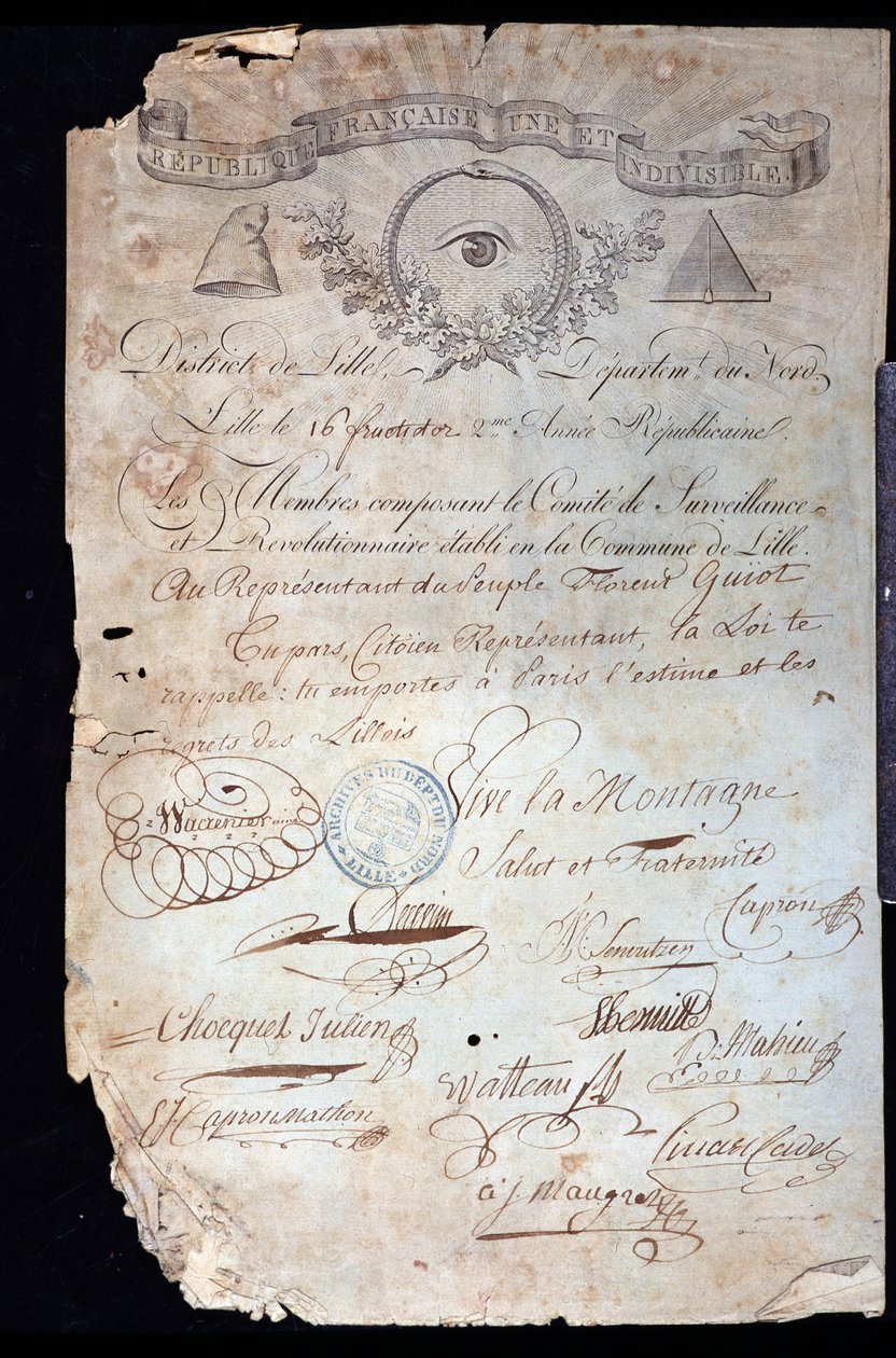 French Revolution: attestation of citizenship from Guiot de Saint-Florent, a revolutionary and representative of the people, by the Revolutionary Committee of Lille dated 16 years II by Anonymous Anonymous