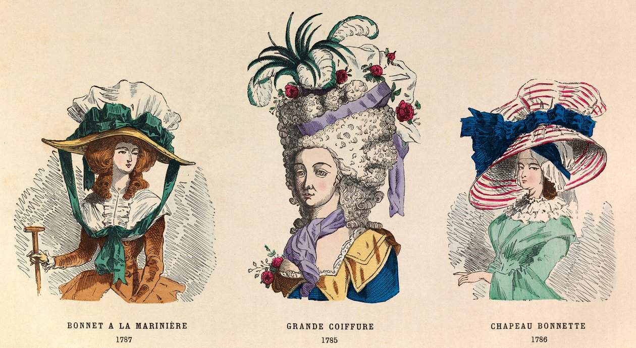 From Left to Right: Sailor Hat in 1787; Grand Hairstyle in 1785 and Bonnet Hat in 1786 by Anonymous Anonymous