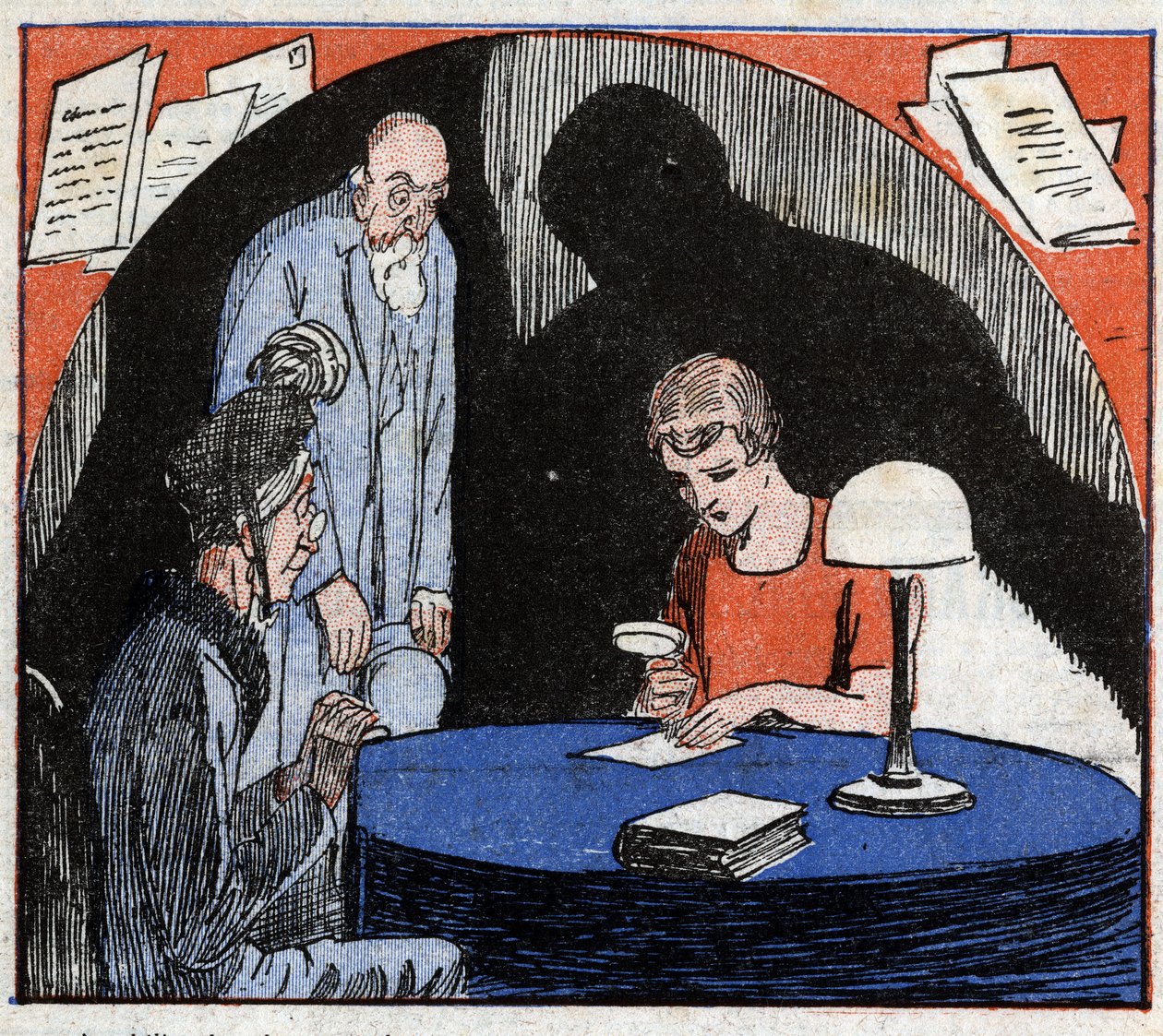 Graphology: A Graphologist Consulted by an Old Couple, Reads with a Magnifying Glass an Individual