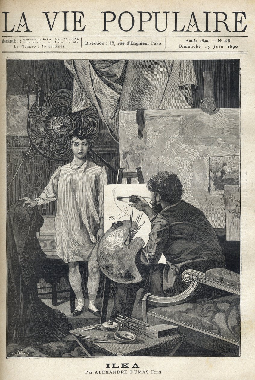 In a workshop, a young model in a shirt and sock wearing a small feather hat, poses for a painter, settles at his easel, holding his palette and brushes, applies to his sketch. Illustration by Alfons Maria Mucha by Anonymous Anonymous
