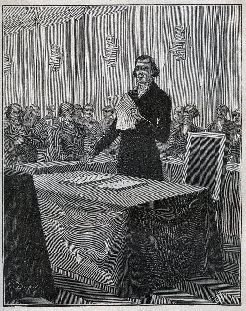 Jean-Baptiste Andre Dumas (1800-1884), French Chemist, Presented to the Academy of Sciences His Report on the Invention Ruolz and Elkington. Engraving from 1885 in 