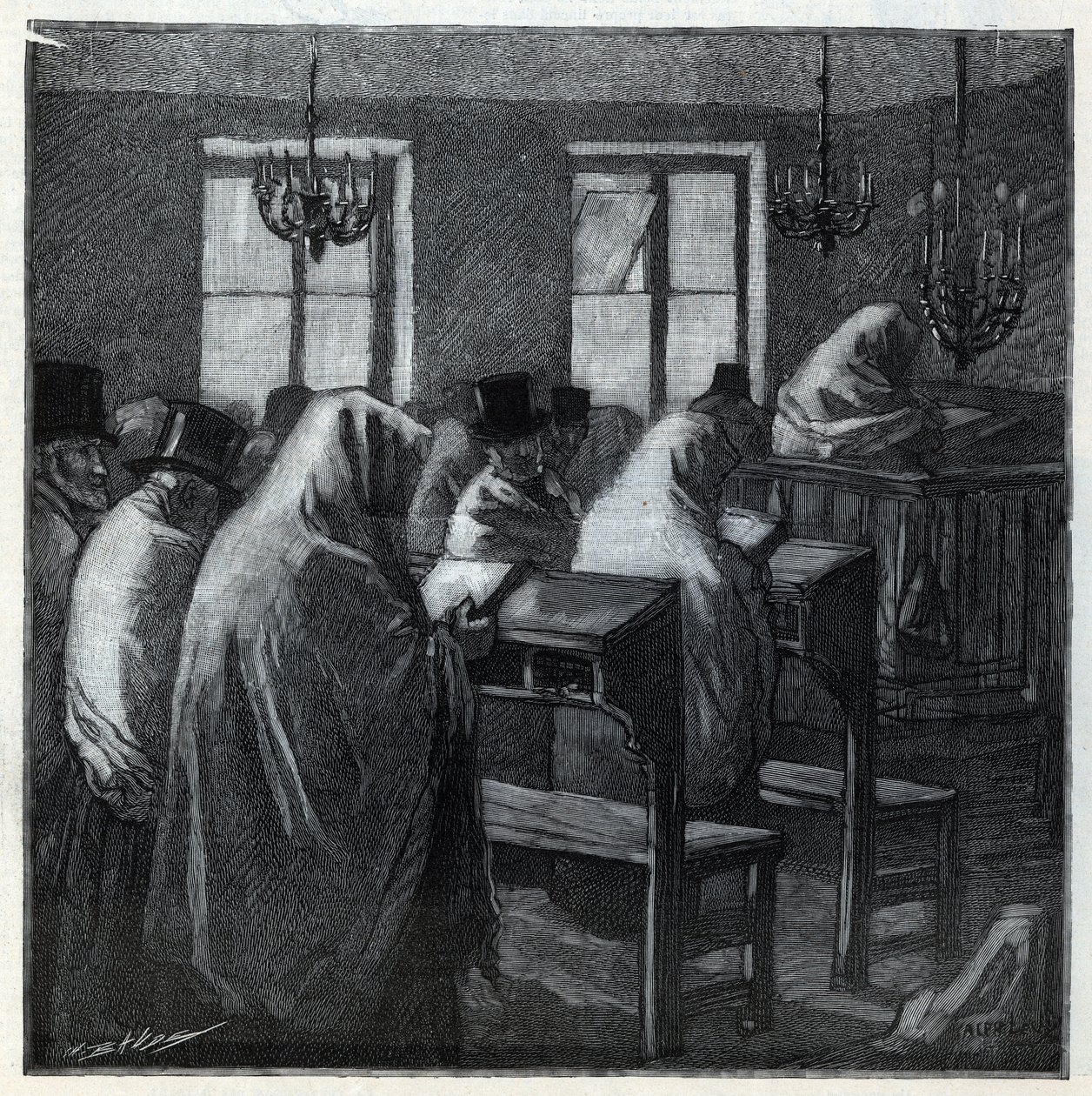 Jewish feasts: fideles during the prayer inside an oratory during the holidays. Engraving in Le monde illustree of 1892. Private collection by Anonymous Anonymous